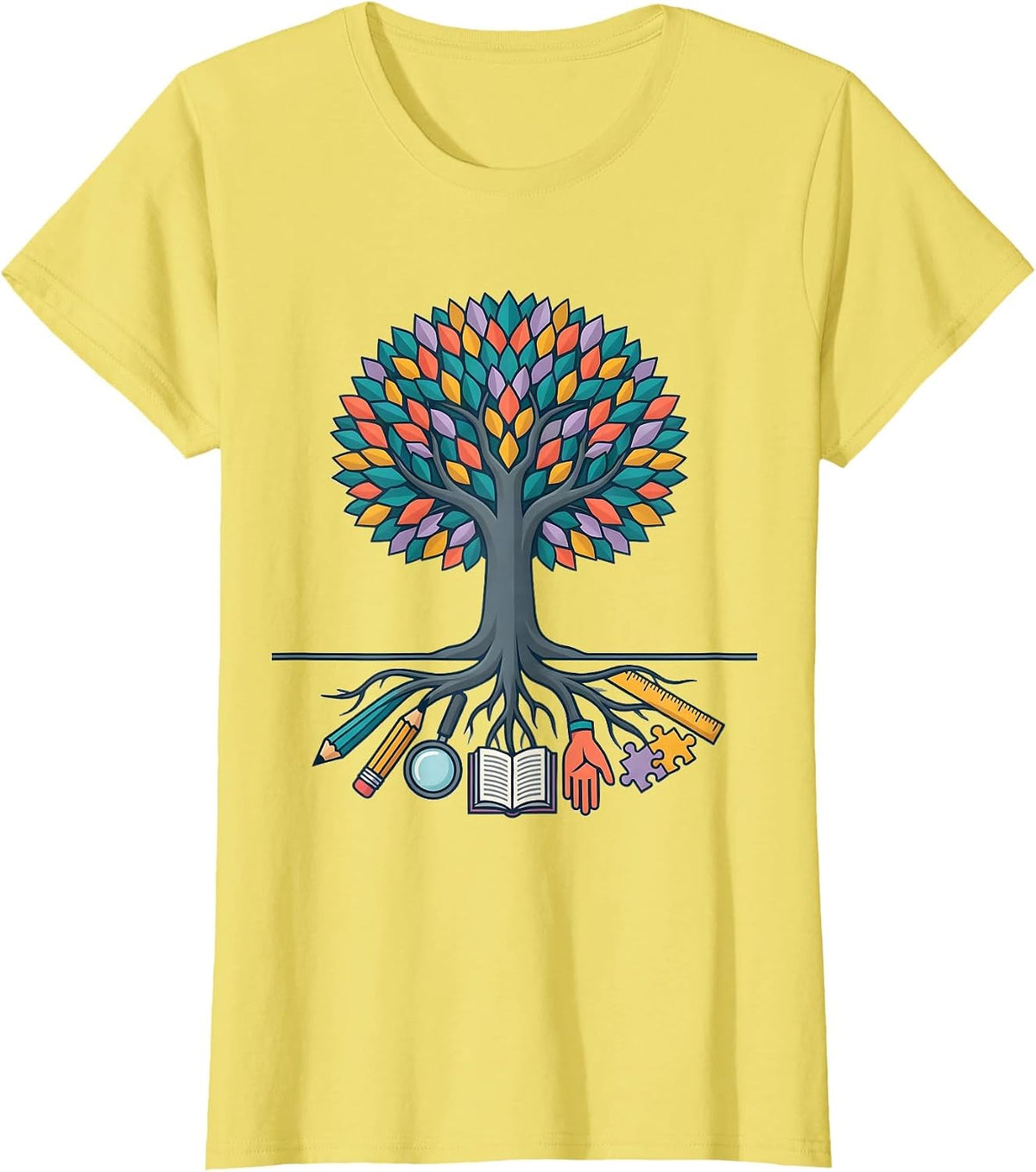 Women's Special Education Tree of Learning Roots Graphic T-Shirt - Lemon Yellow