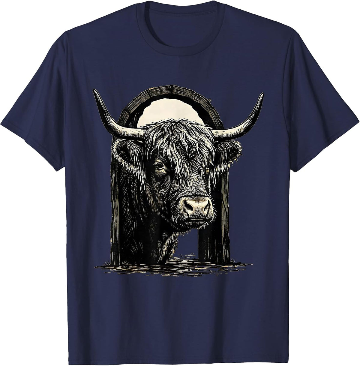 Highland Cow Woodcut Farm Animal Humor T-Shirt - Navy Blue