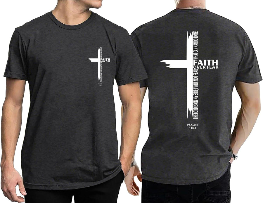 Eatbook Christian Shirts for Men Faith Over Fear Shirt Cross Graphic Tee - Darkgray