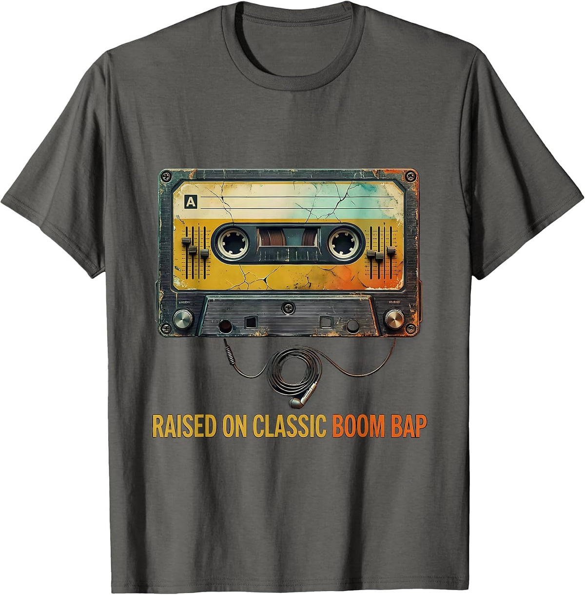 Men's Raised On Classic Boom Bap Distressed Hip Hop Nostalgia T-Shirt - Asphalt Grey