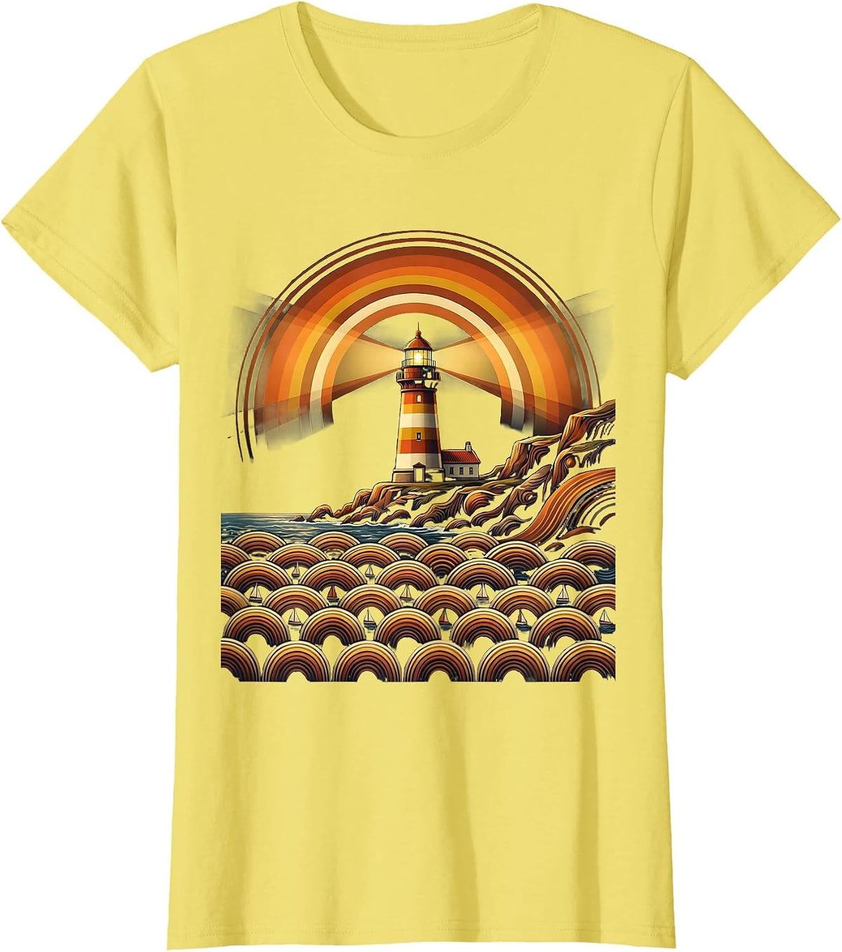 Lighthouse Beam Over Sea of Boats Graphic T-Shirt - Lemon Yellow