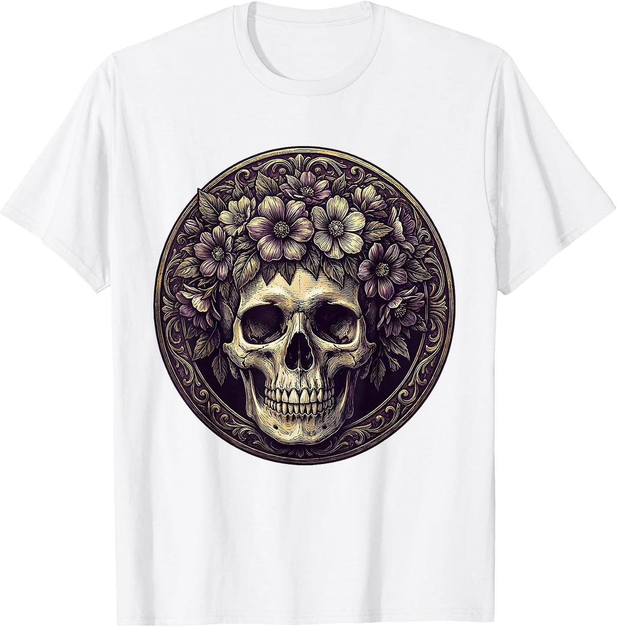 Men's Mardi Gras Skull Floral Crown Purple Gold T-Shirt - White