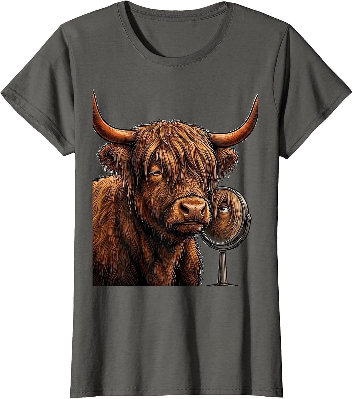 Women's Cartoon Highland Cow Mirror Funny Cow Lover Graphic T-Shirt - Asphalt Grey