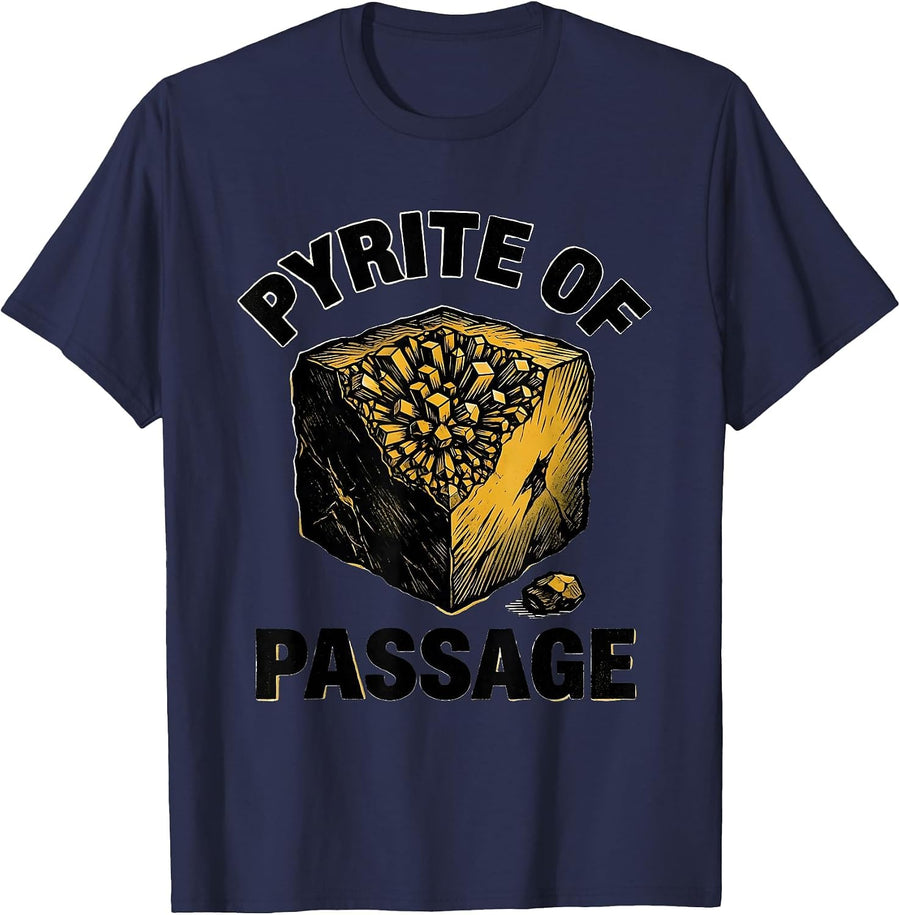 Pyrite Of Passage Linocut Geologist Rock Collector Humor T-Shirt - Navy Blue