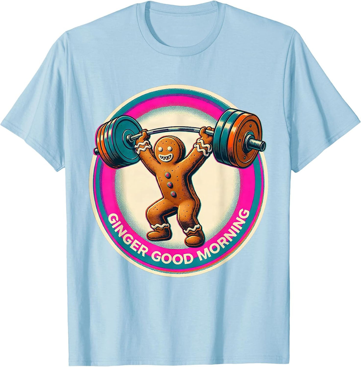 Men's Ginger Good Morning Risograph Funny Gingerbread Man Gym T-Shirt - Baby Blue