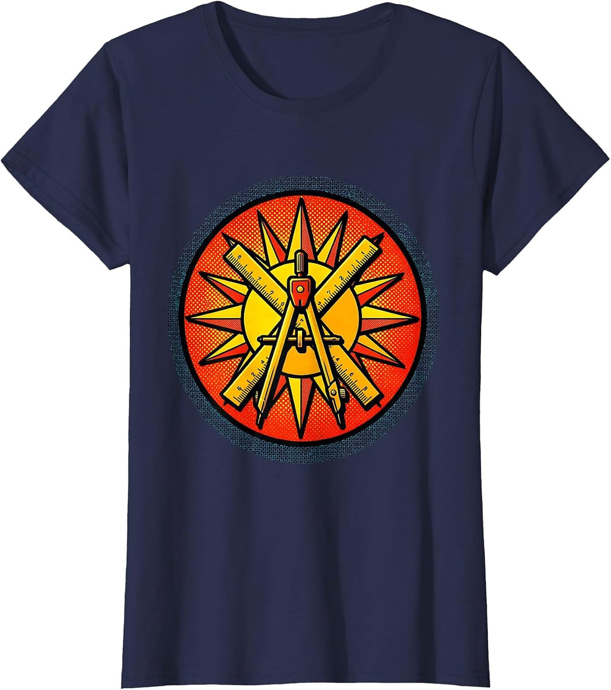 Women's Ruler and Compass Geometric Sun Illustration T-Shirt - Navy Blue