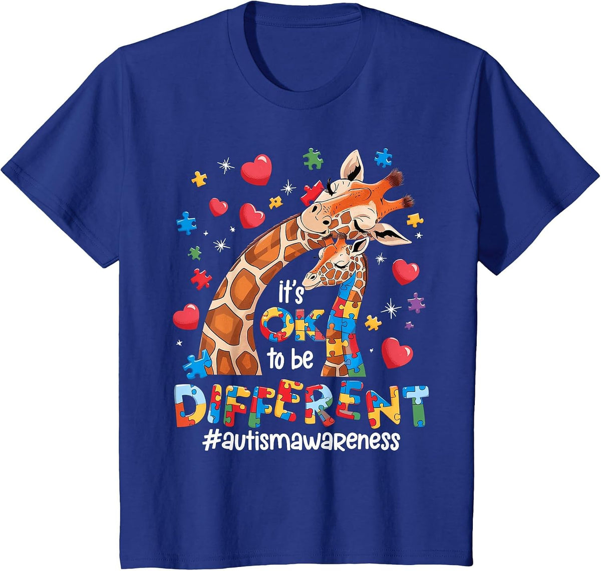 It's OK to Be Different Autism Awareness Cute Giraffe Animal T-Shirt - Royal Blue