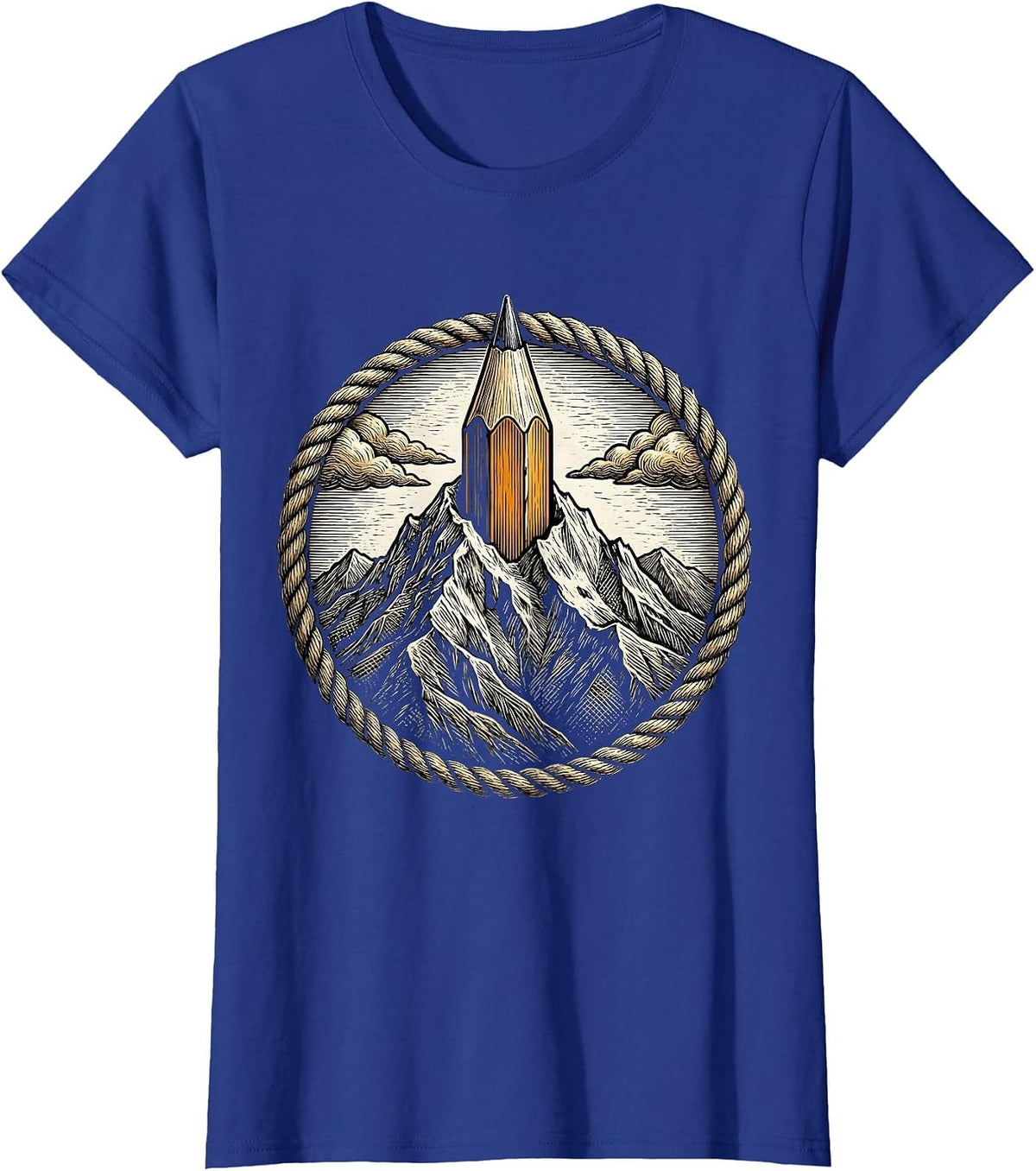 Women's Mountain Peak Pencil Summit Creative Art Design T-Shirt - Royal Blue