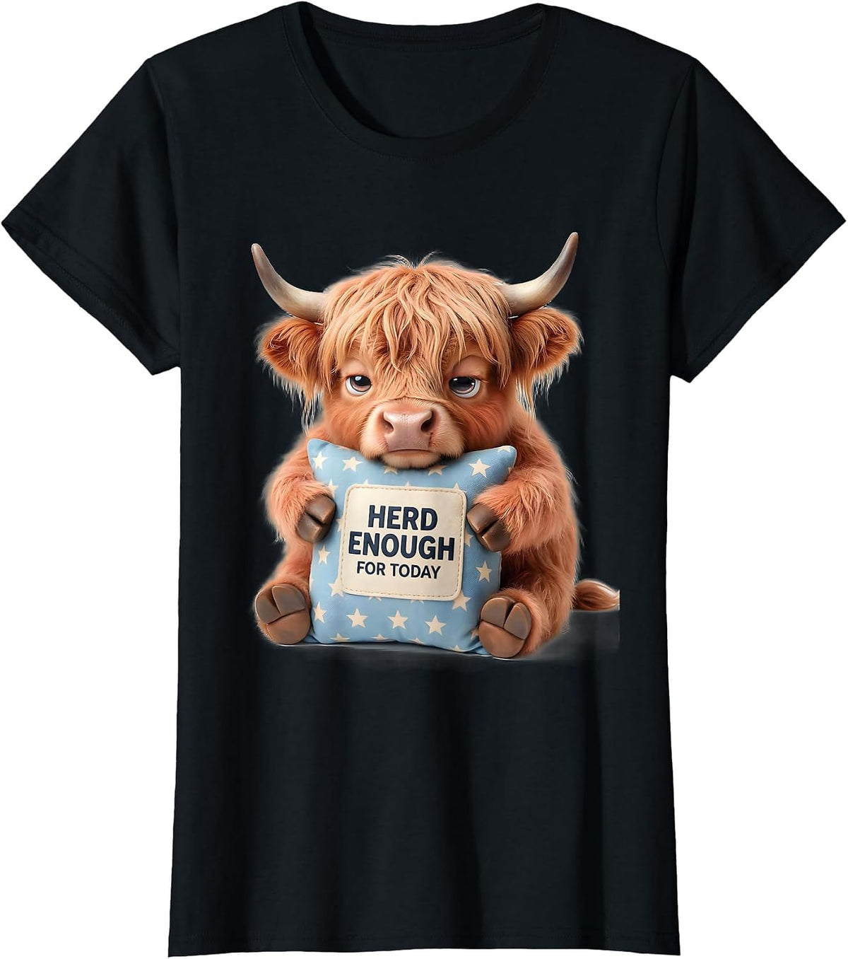 Herd Enough For Today Cute Kawaii Highland Cow Sleep Humor T-Shirt - Black
