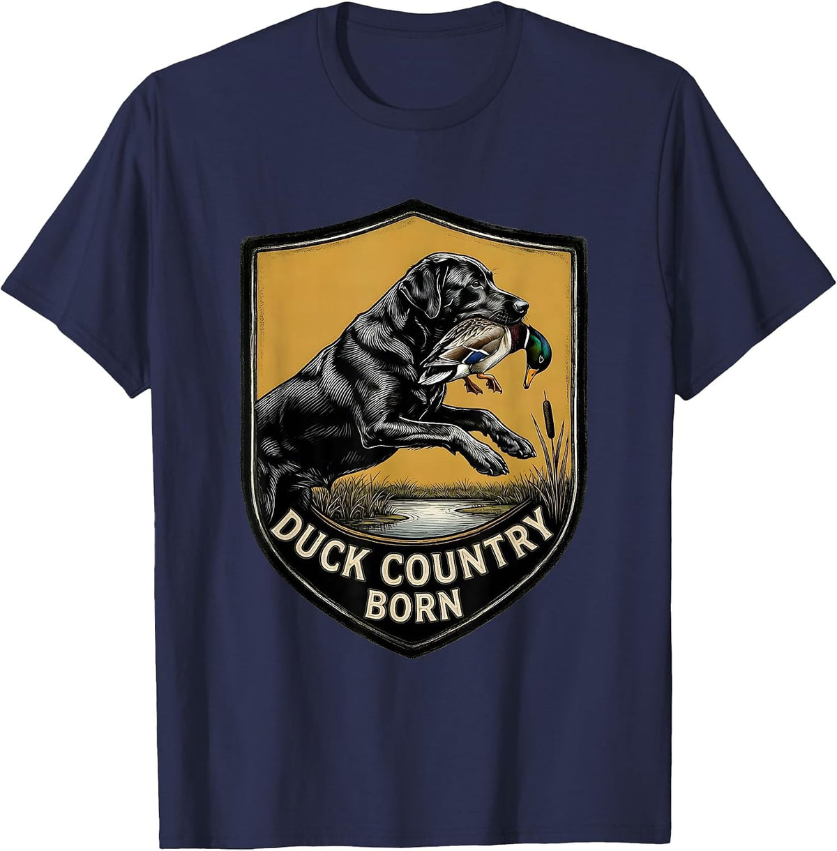 Men's Duck Country Born Scratchboard Labrador Waterfowl Hunting T-Shirt - Navy Blue