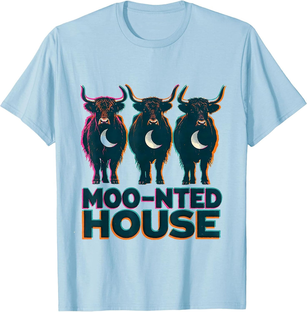 Men's Moo-nted House Risograph Highland Cow Halloween Humor T-Shirt - Baby Blue