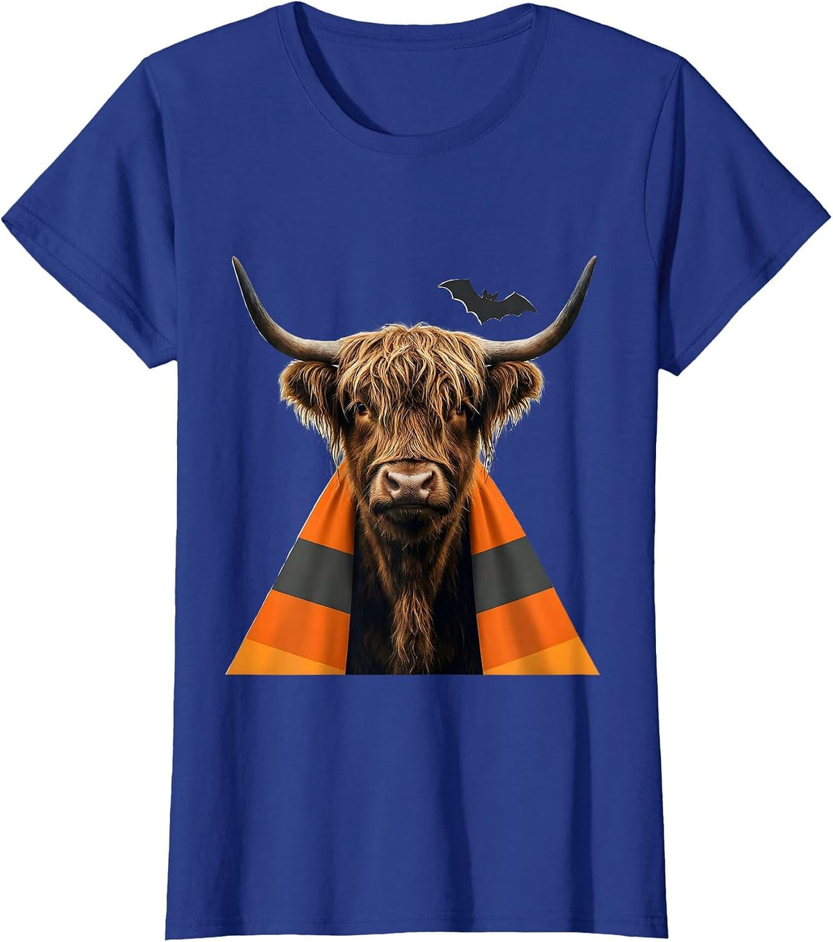 Women's Shaggy Highland Cow Candy Corn Cape Halloween Humor T-Shirt - Royal Blue