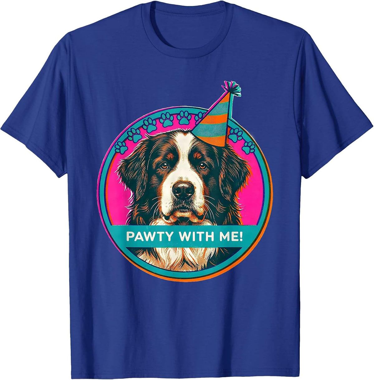Pawty With Me Risograph Newfoundland Dog Birthday Party Kids T-Shirt - Royal Blue