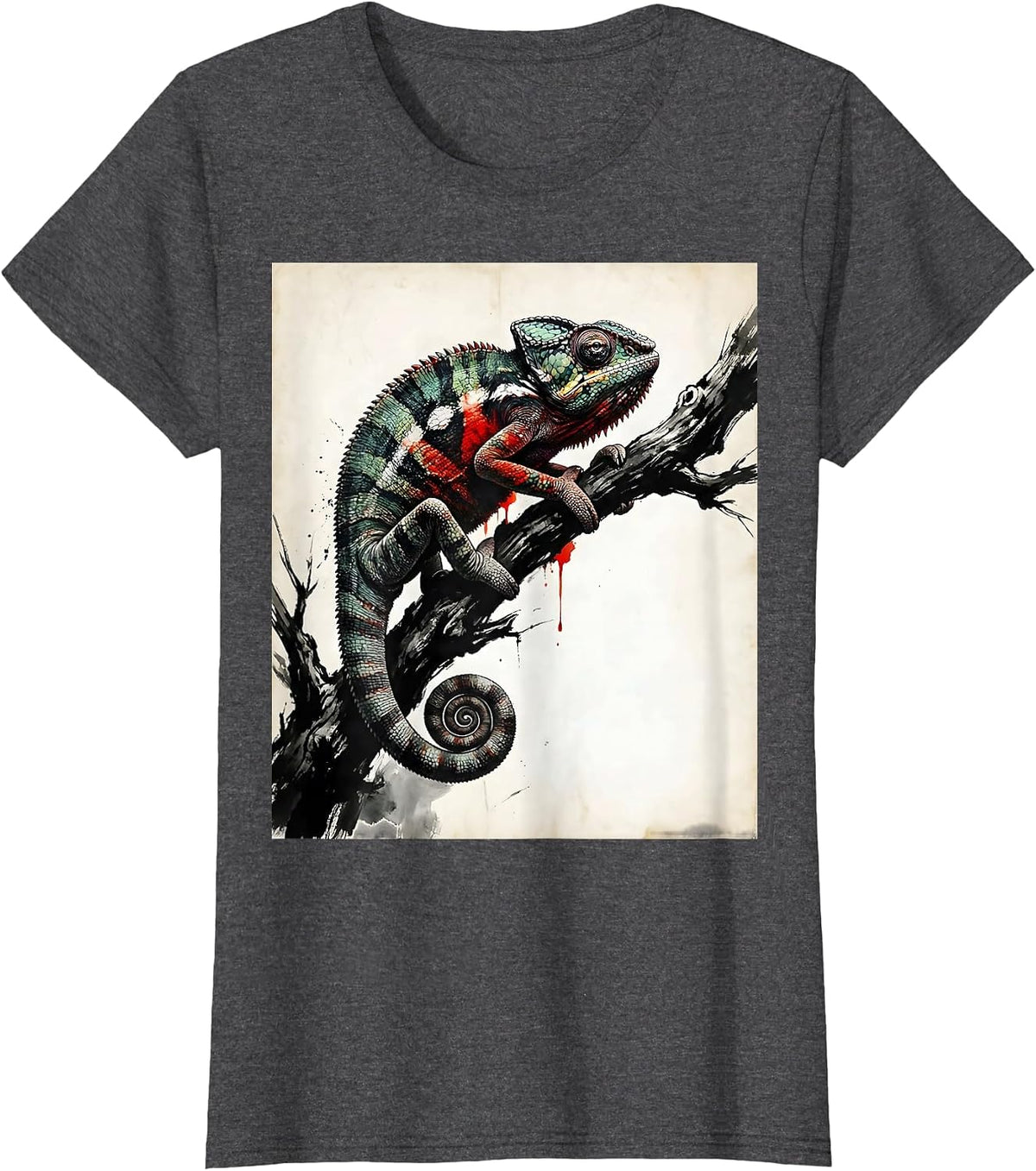 Women's Chameleon on Branch Vibrant Color Change Art T-Shirt - Dark Heather Grey