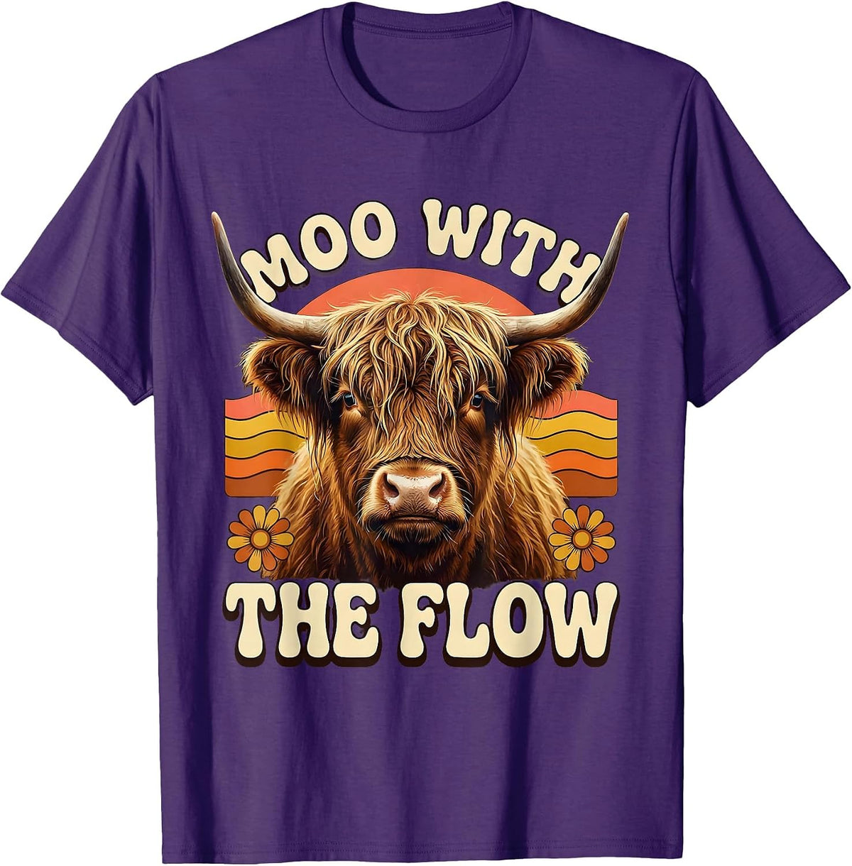 Moo With The Flow Retro 70s Highland Cow Farm Animal Humor T-Shirt - Purple