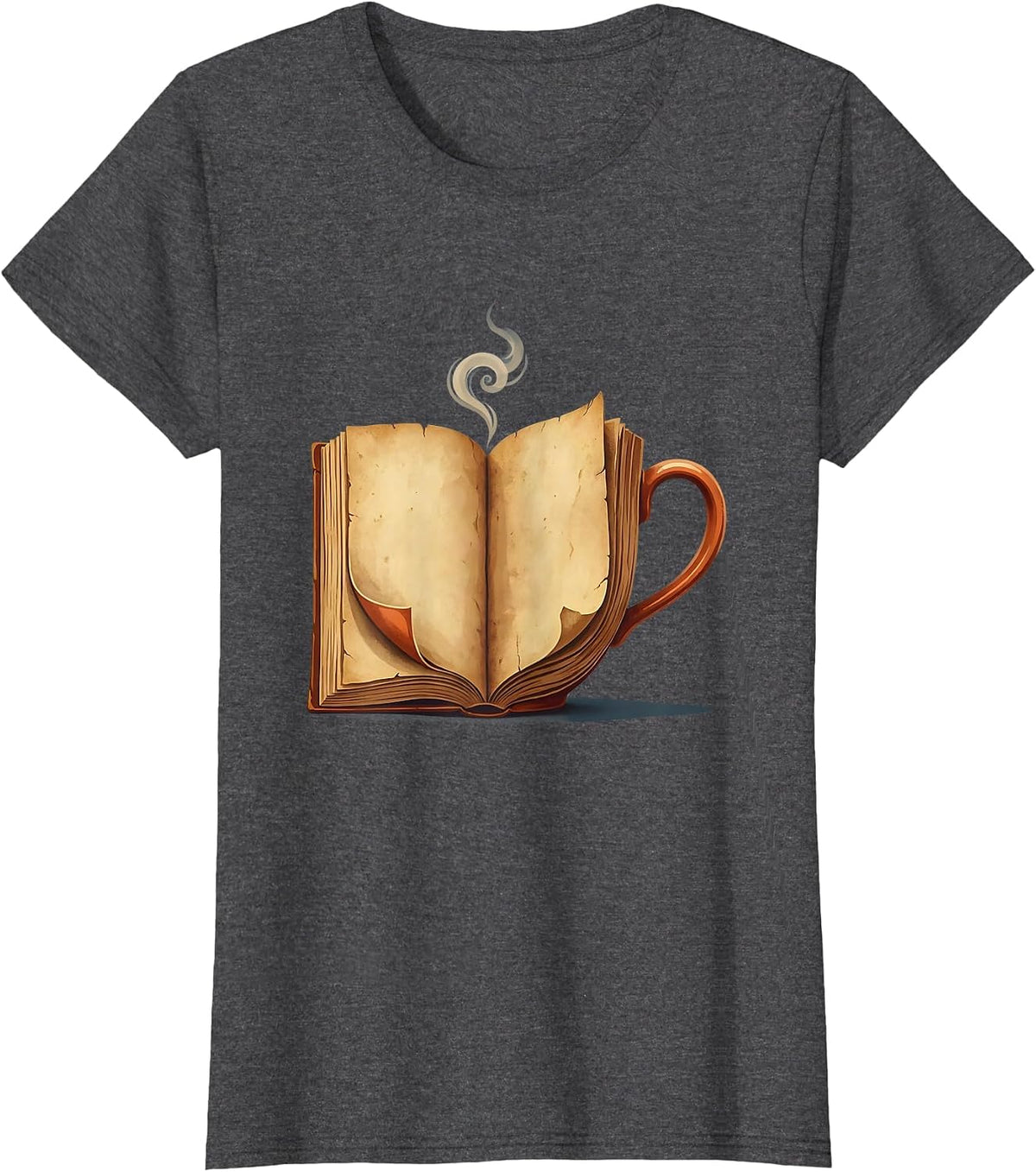 Women's English Teacher Steaming Teacup and Novel Graphic T-Shirt - Dark Heather Grey