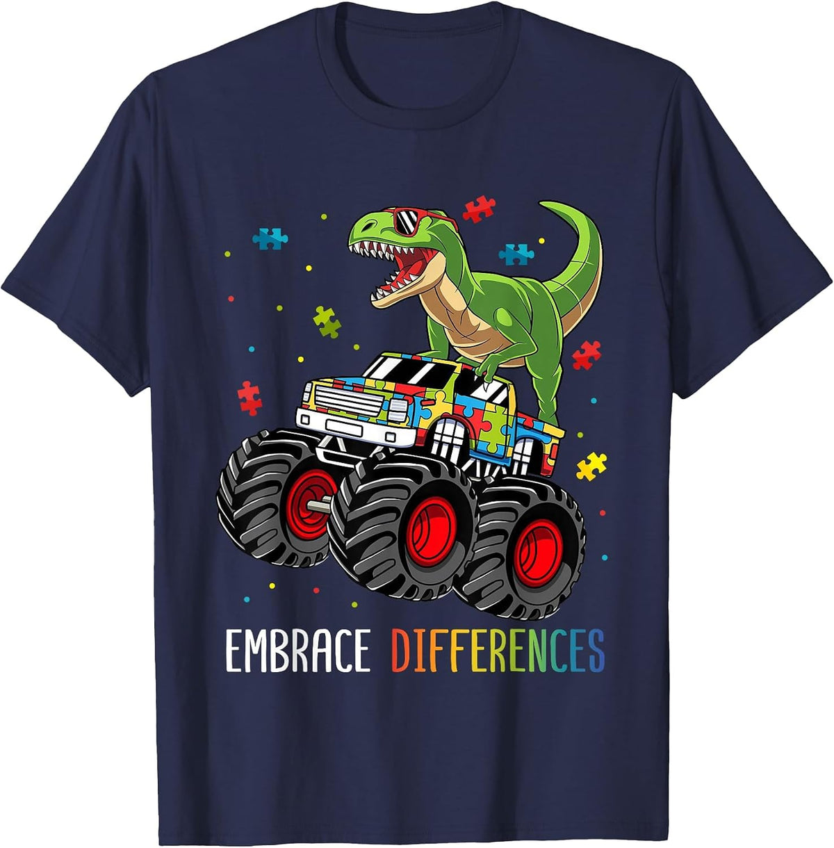Autism Awareness T-Rex Monster Truck Embrace Differences T-Shirt - Navy Blue
