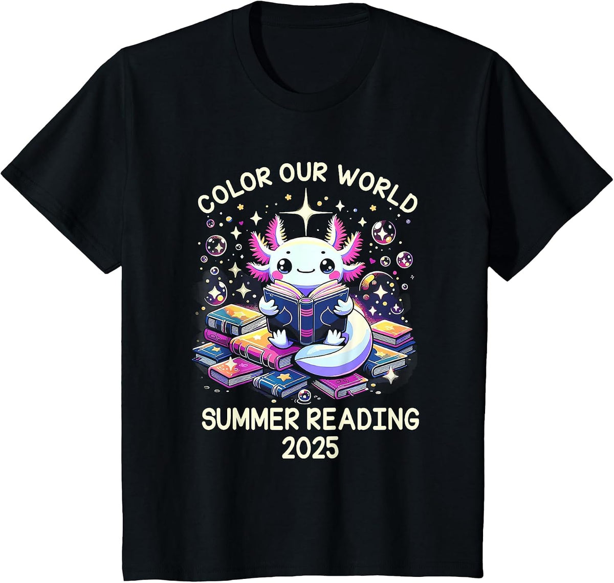 Color Our World Summer Reading Program 2025 Cute Axolotl T-Shirt - Black