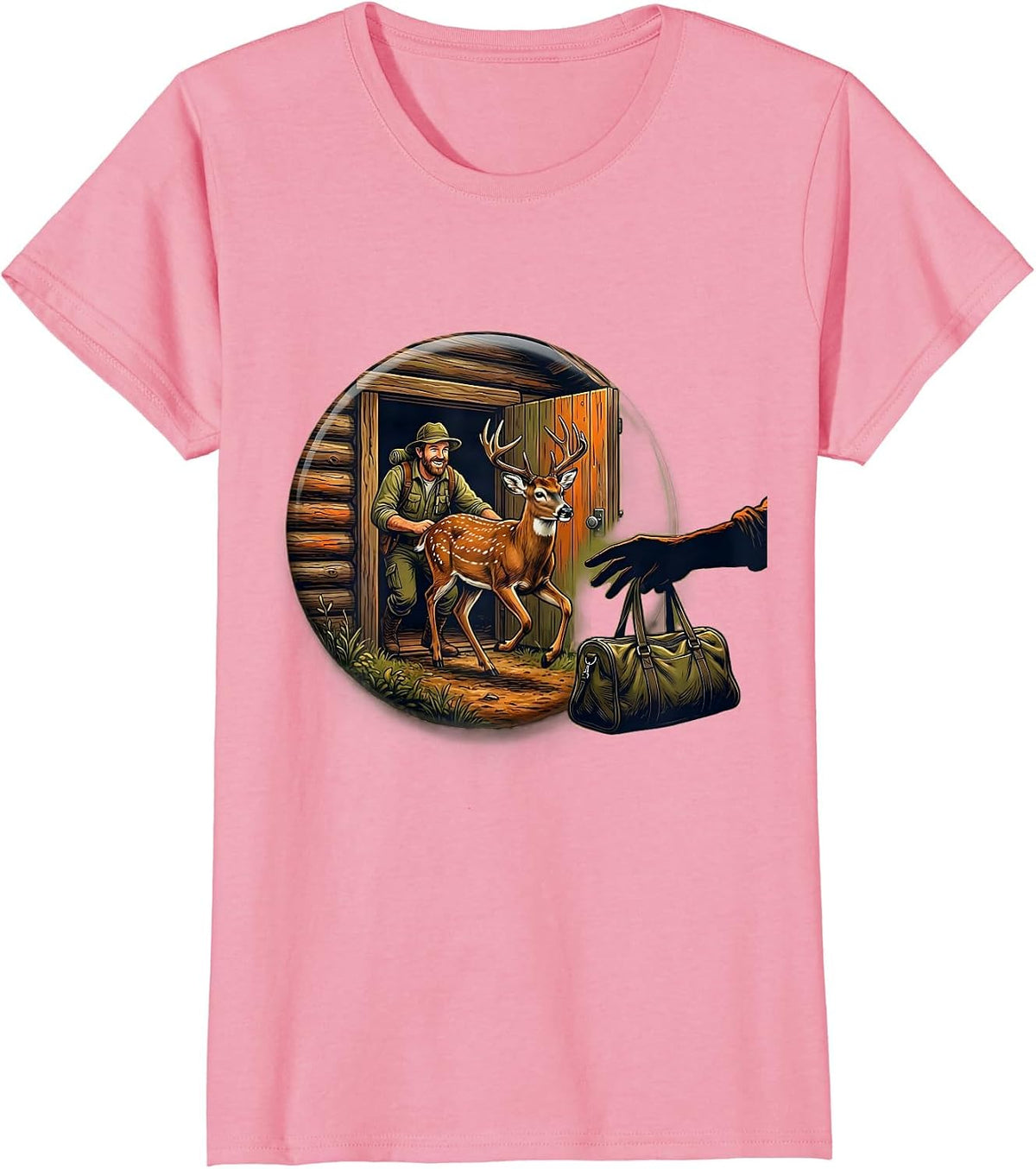 Women's Sealed Hunter Dad Whitetail Buck Cabin Illustration T-Shirt - Pink