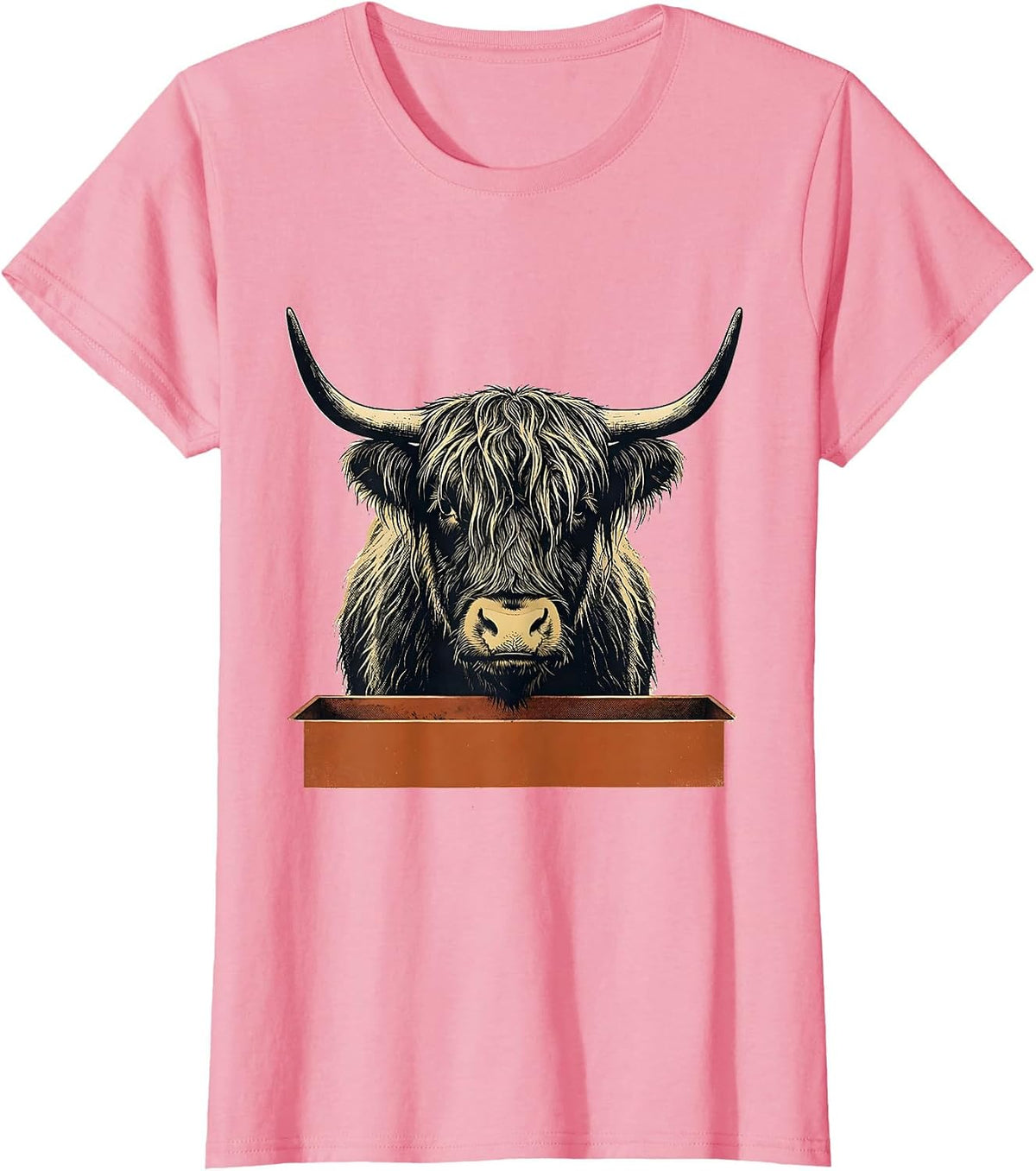 Women's Highland Cow Screenprint Poster Farm Humor Rural T-Shirt - Pink