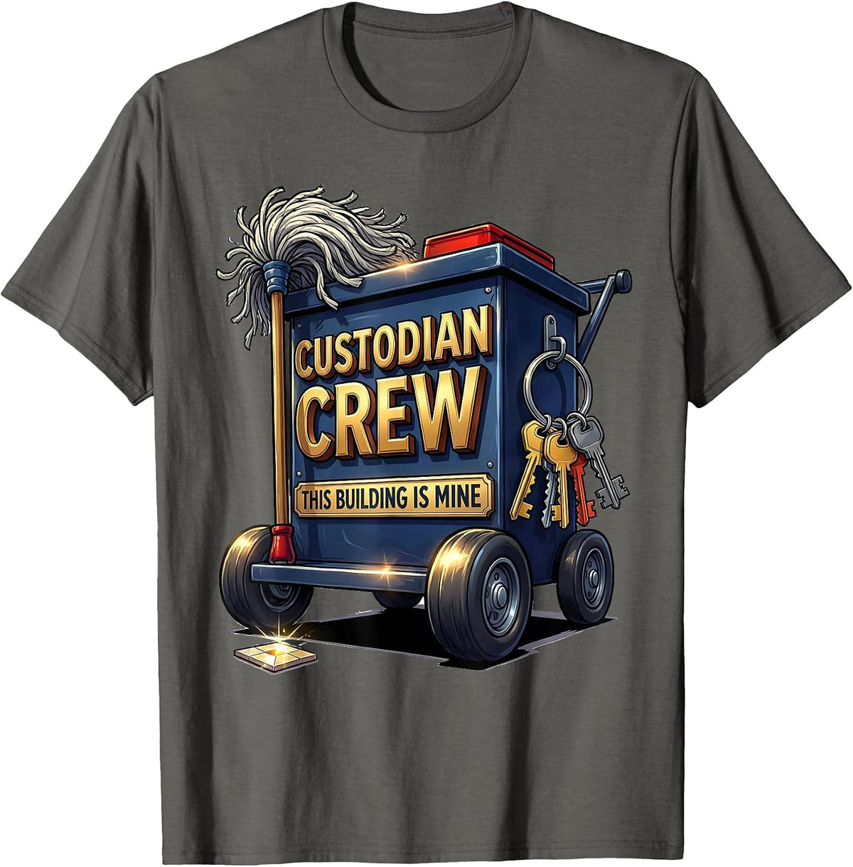 Men's Custodian Crew This Building Is Mine Cartoon Teacher Staff T-Shirt - Asphalt Grey