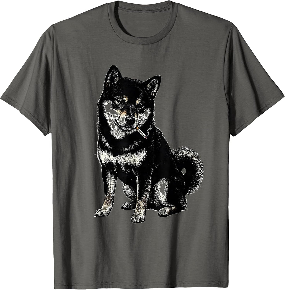Men's Slouched Shiba Inu Blackwork Dotwork Smoking Dog Meme T-Shirt - Asphalt Grey