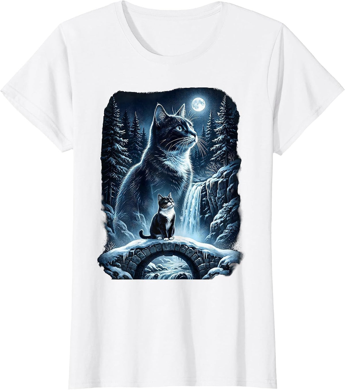 Tuxedo Cat Howling at Moon 90's Retro T-Shirt - White