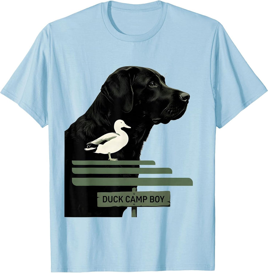 Men's Duck Camp Boy Silhouette Labrador Retriever Duck Hunting T-Shirt - Baby Blue
