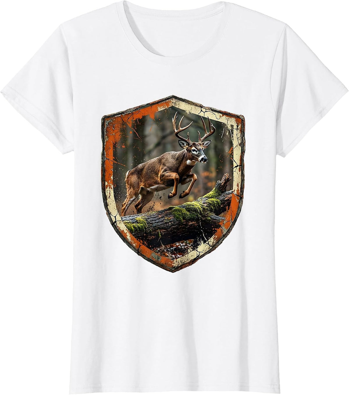 Buck Leaping Over Fallen Log Hunting Design T-Shirt - White