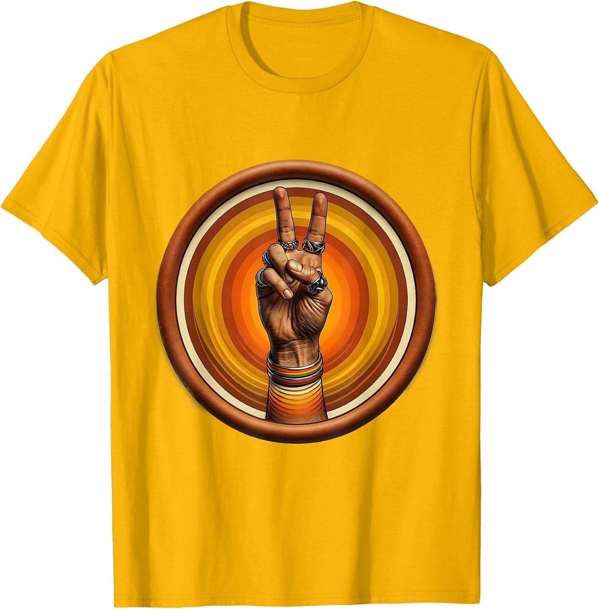 Men's Hip Hop Peace Sign Hand Rings Graphic T-Shirt - Golden Yellow