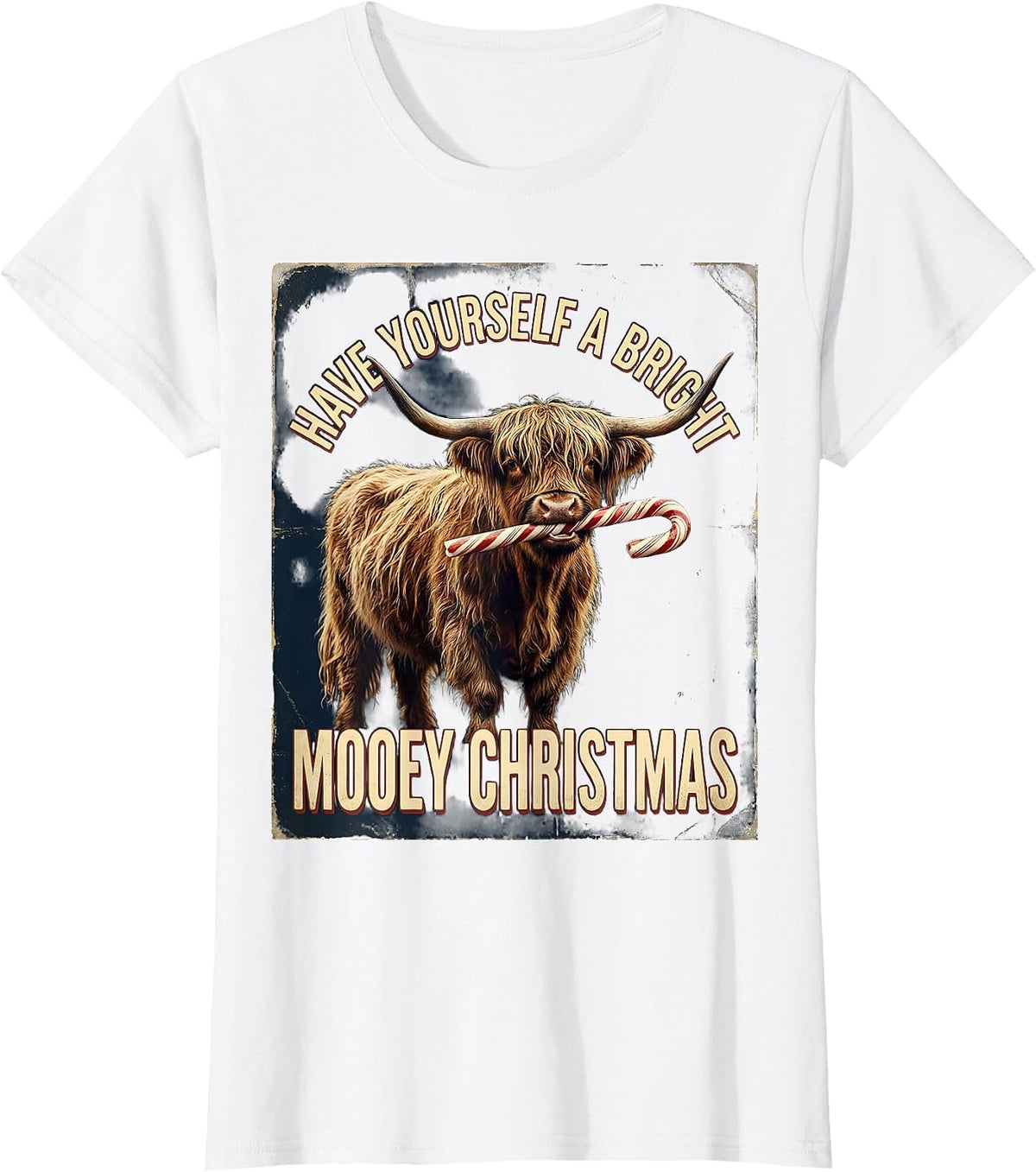 Women's Have Yourself A Bright Mooey Christmas Vintage Highland Cow T-Shirt - White