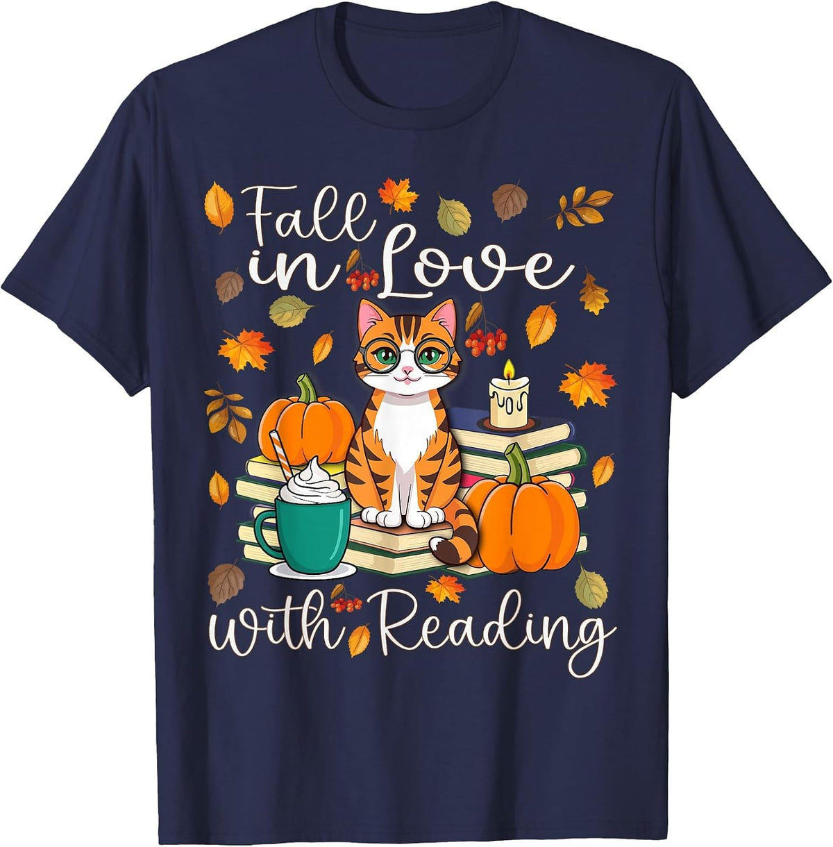 Cat Fall in Love with Reading Book Lover Autumn T-Shirt - Navy Blue