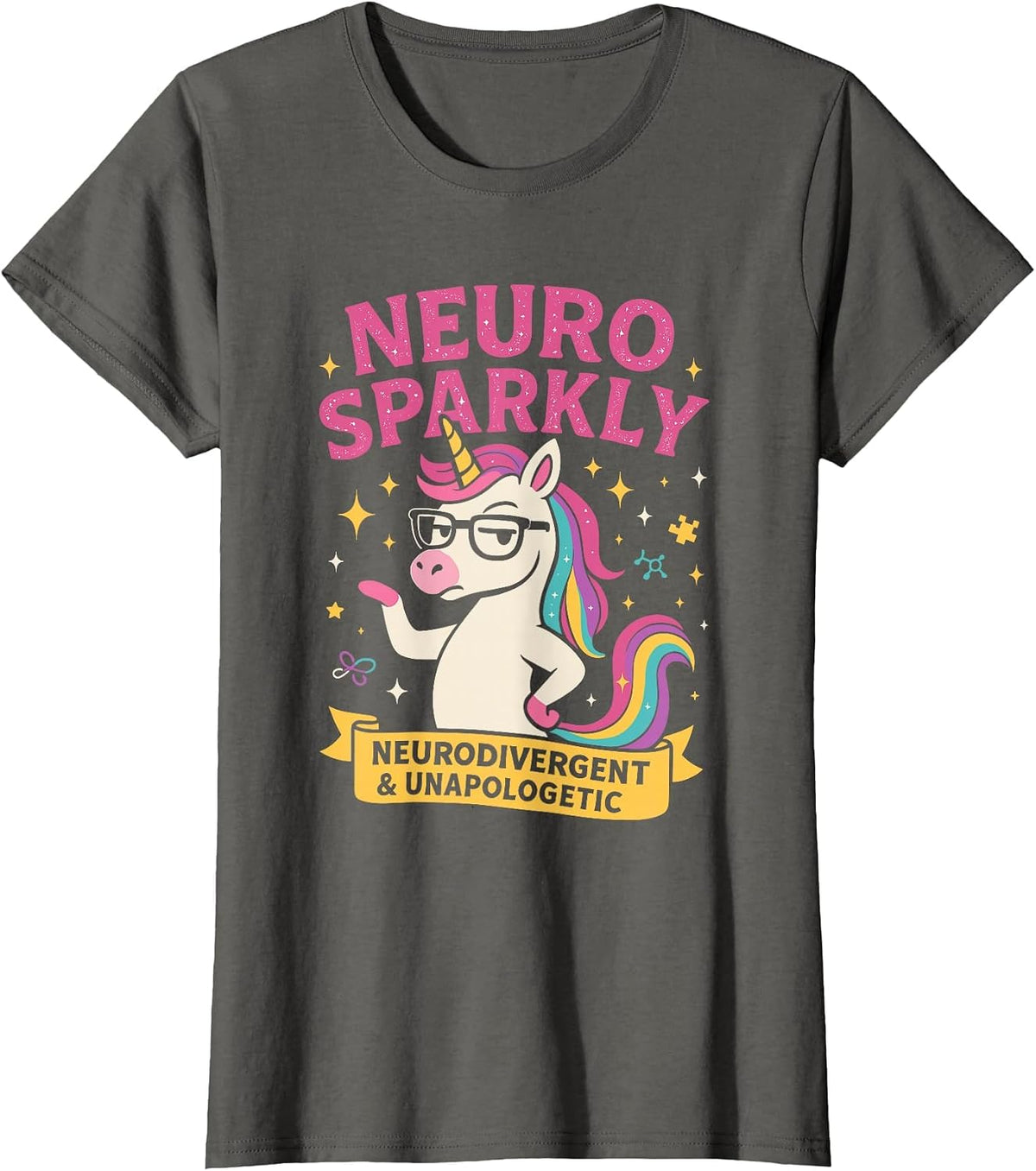 Neuro Sparkly Autism Awareness Neurodivergent ADHD Unicorn Tees T Shirts - Asphalt Grey