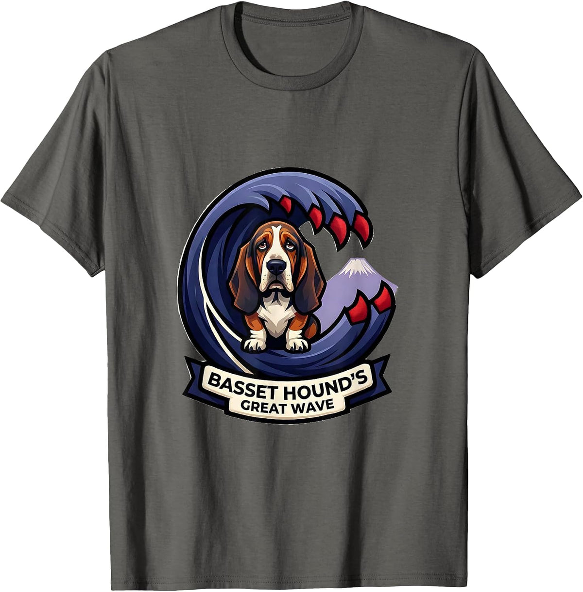 Basset Hound's Great Wave Vintage Japanese Art Dog Lover T-Shirt - Asphalt Grey