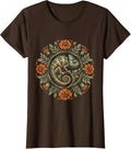 Women's Colorful Chameleon Flowering Vine Mexican Art T-Shirt - Brown