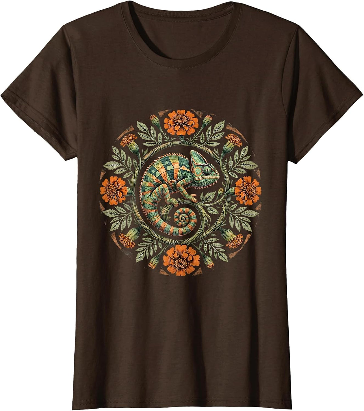 Women's Colorful Chameleon Flowering Vine Mexican Art T-Shirt - Brown