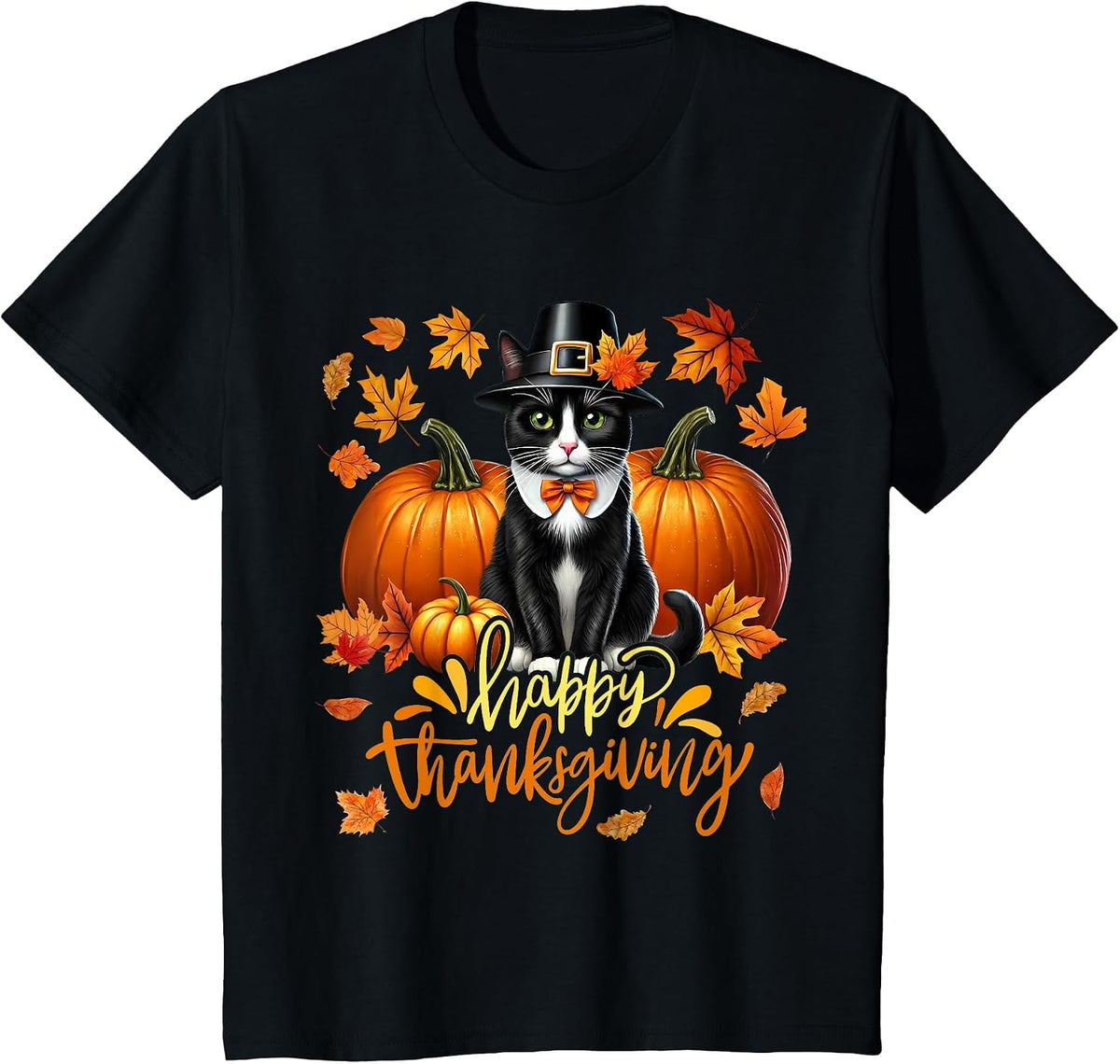 Cool Thanksgiving Cat Turkey Pilgrim Hat Pumpkin Tuxedo Cat T-Shirt - Black