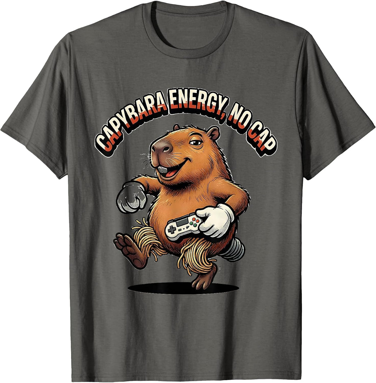 Men's Capybara Energy, No Cap Retro Cartoon Funny Gamer Meme Humor T-Shirt - Asphalt Grey