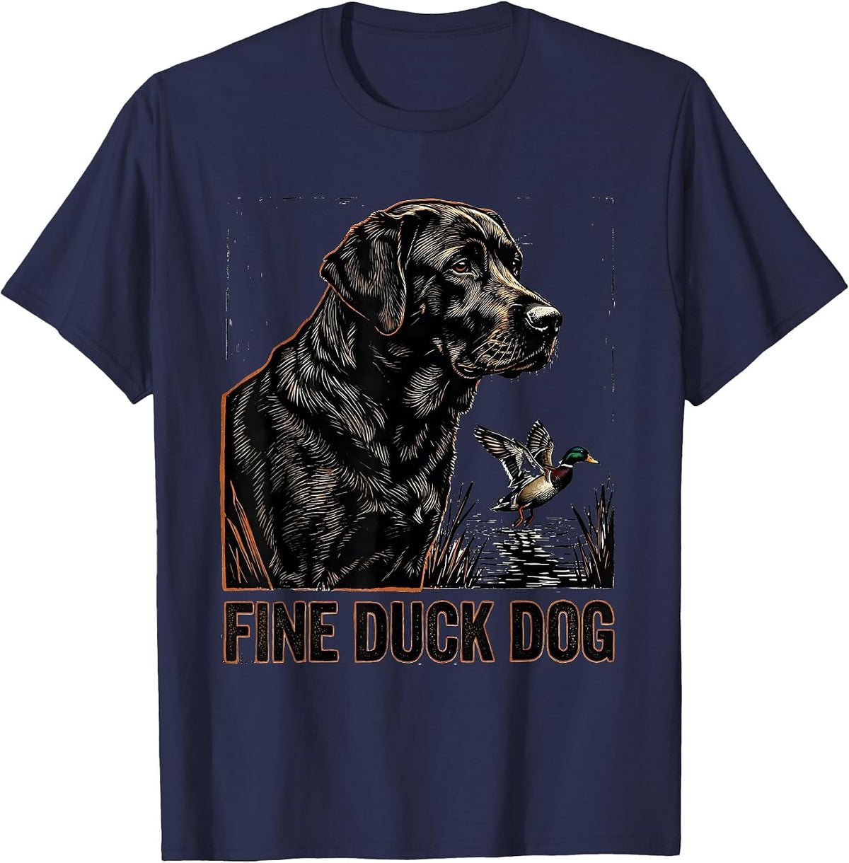 Fine Duck Dog Linocut Labrador Hunting Dog Vintage Badge T-Shirt - Navy Blue