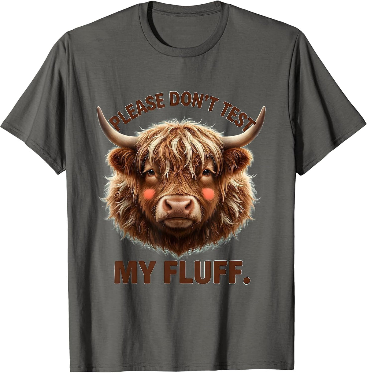 Men's Please Don't Test My Fluff Cute Kawaii Highland Cow T-Shirt - Asphalt Grey