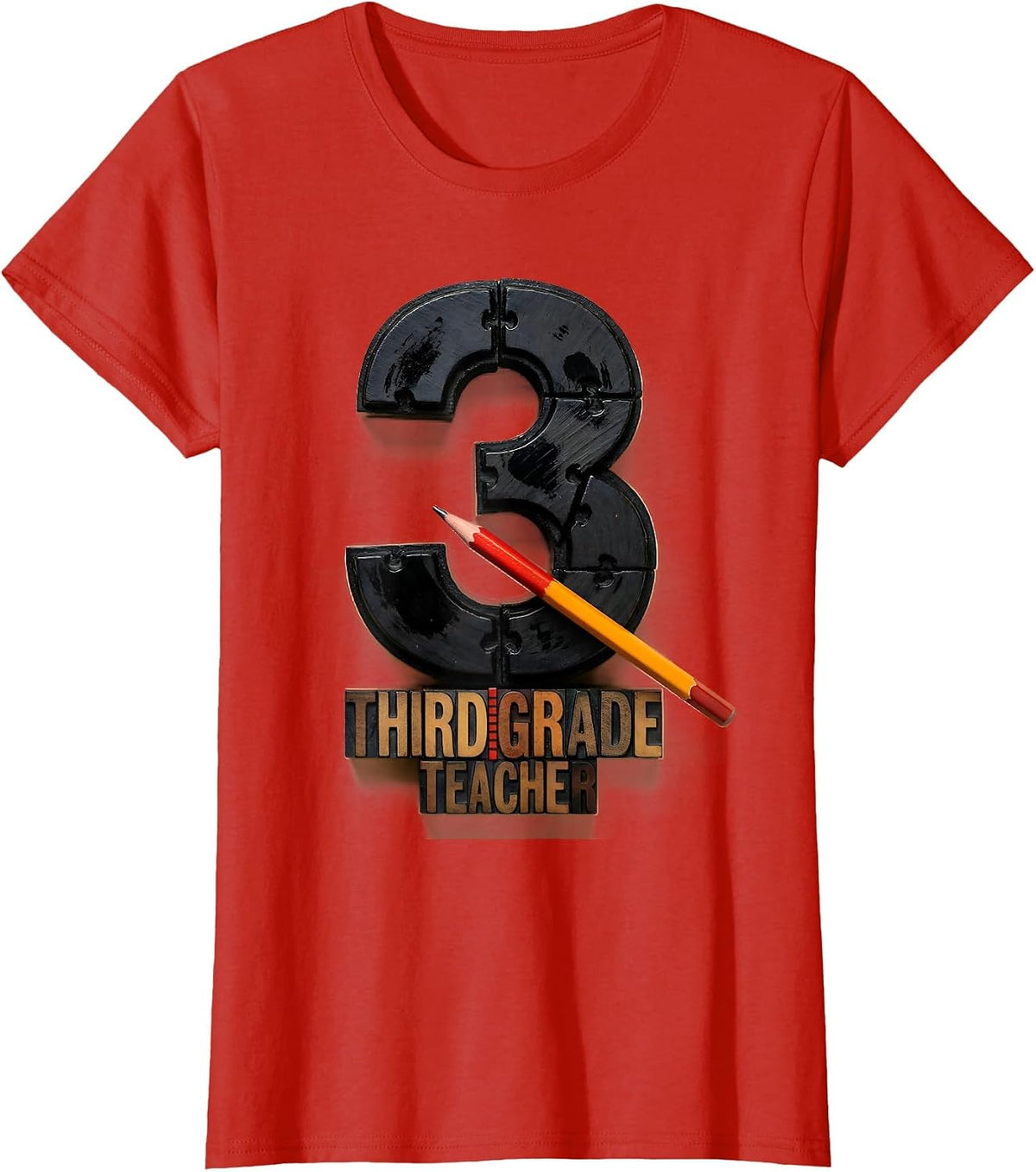 Women's Third Grade Teacher Wood Type Letterpress Back To School T-Shirt - Red