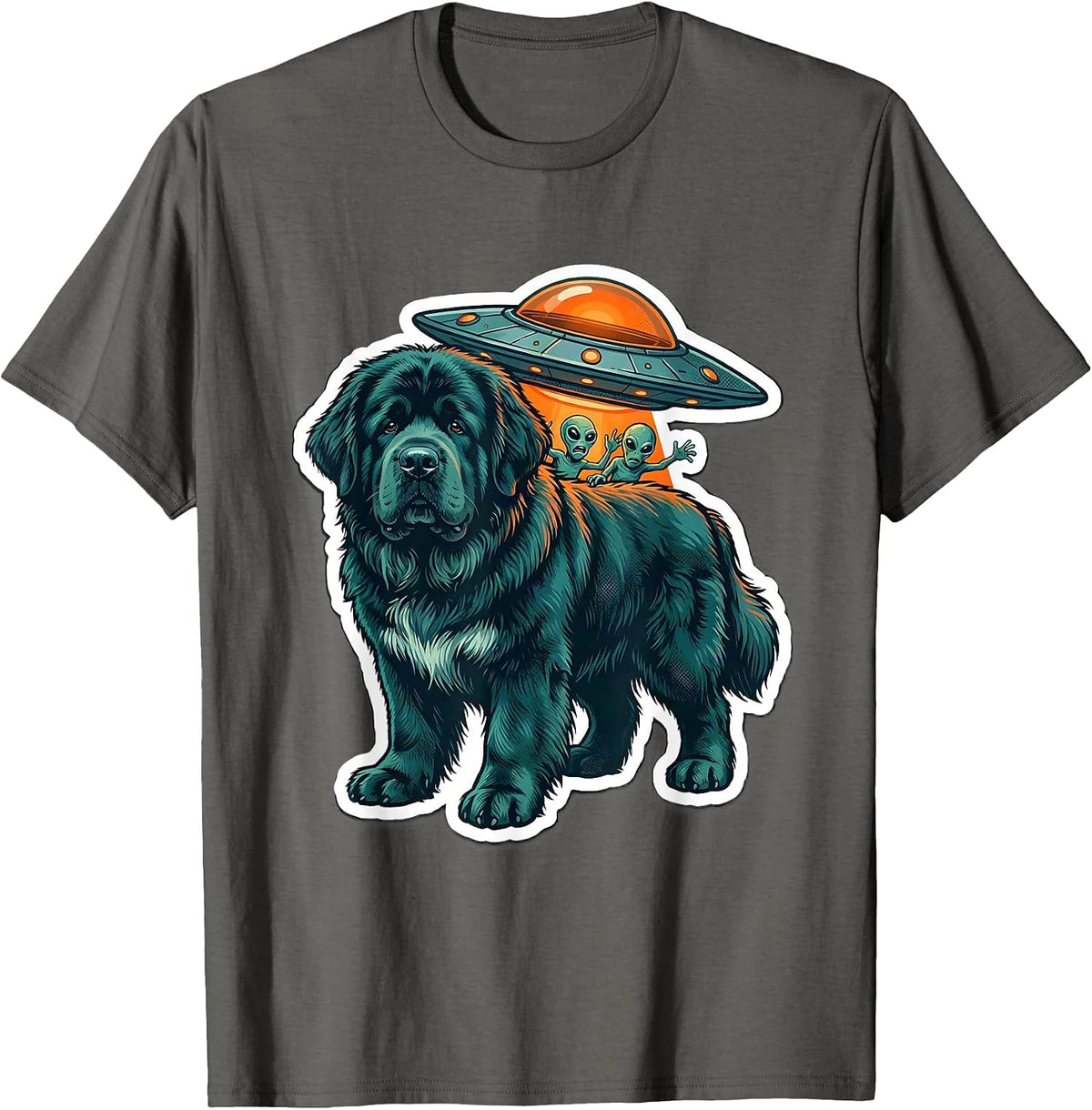Newfoundland Dog Alien Abduction Funny Novelty Sticker T-Shirt - Asphalt Grey