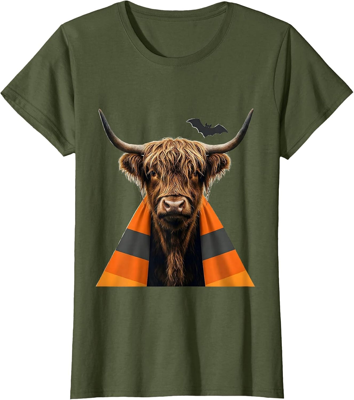 Women's Shaggy Highland Cow Candy Corn Cape Halloween Humor T-Shirt - Olive Green