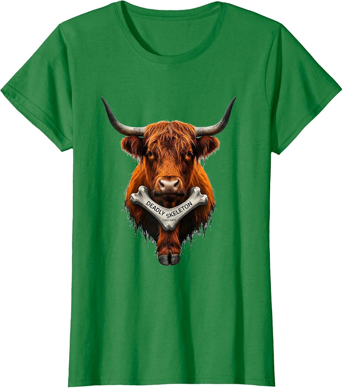 Women's Deadly Skeleton Very Soft Highland Cow Halloween Funny Fall T-Shirt - Kelly Green