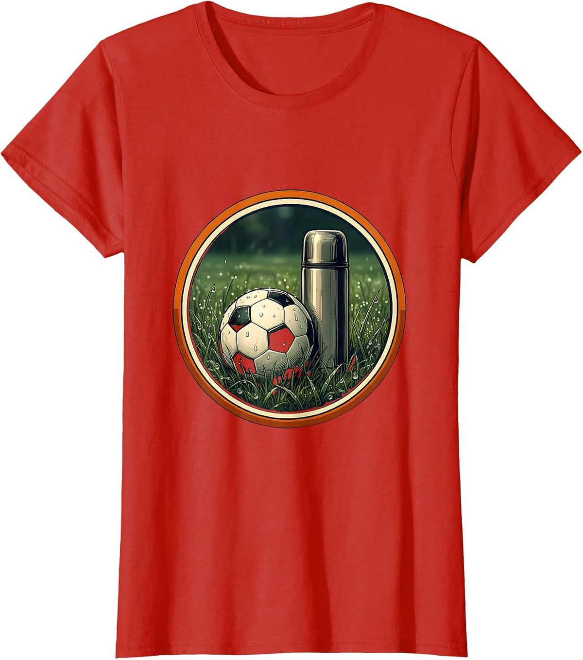 Women's Soccer Dad Thermos and Ball on Dewy Grass T-Shirt - Red