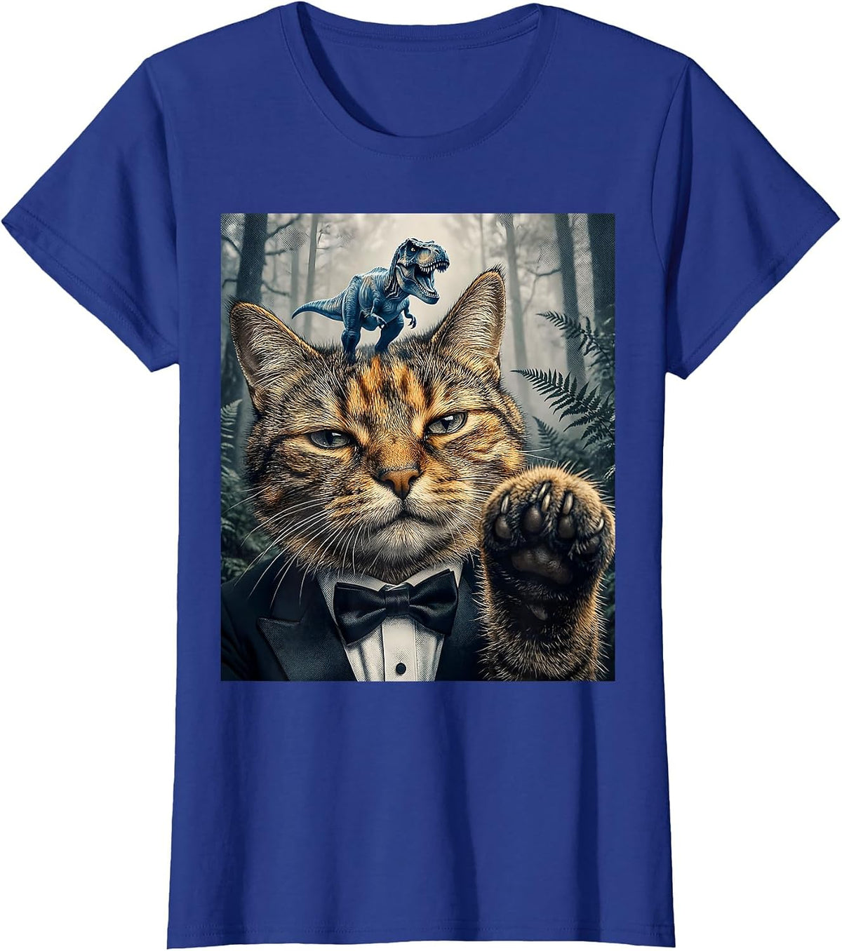 Women's Oversized Deadpan Tuxedo Cat T-Rex Selfie Funny Meme T-Shirt - Royal Blue