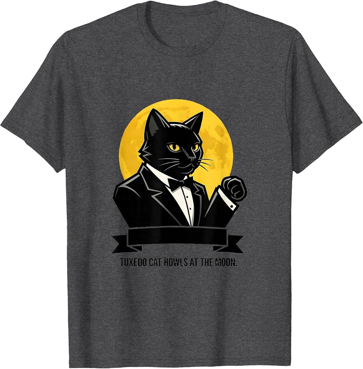 Men's Tuxedo Cat Howls at the Moon 90's Retro Novelty T-Shirt - Dark Heather Grey