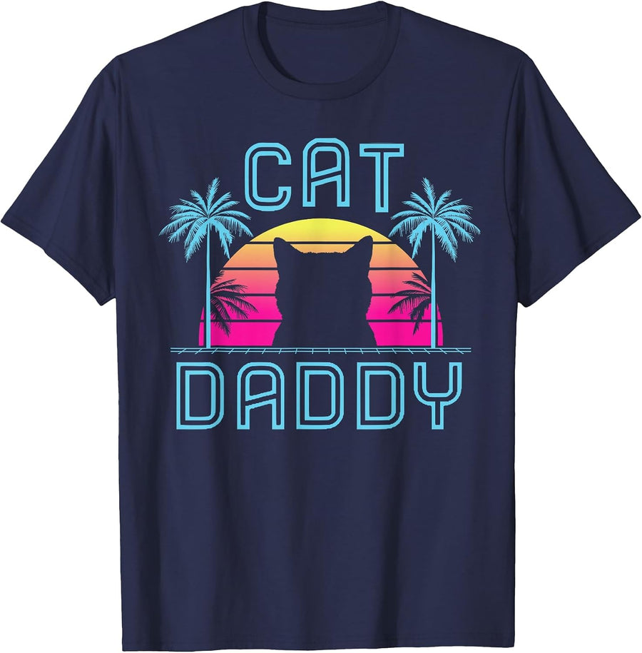 Cat Daddy Dad Fathers Day Retro Summer cat papa T-Shirt - Navy Blue