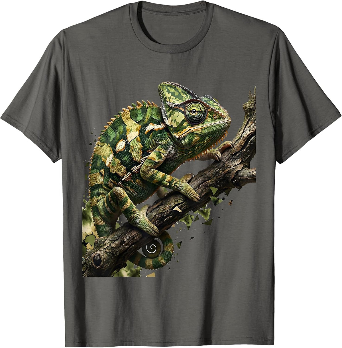 Men's Camouflaged Chameleon on Tree Branch Design T-Shirt - Asphalt Grey