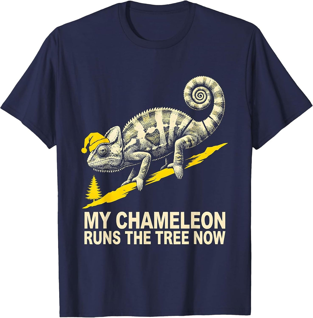 Men's My Chameleon Runs The Tree Now Whimsical Ugly Sweater T-Shirt - Navy Blue
